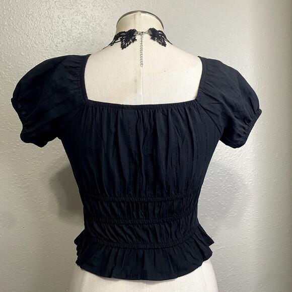 Gothic Whimsigoth VIctorian Milkmaid Ruched Puff Sleeve Cropped Blouse - Picture 8 of 14